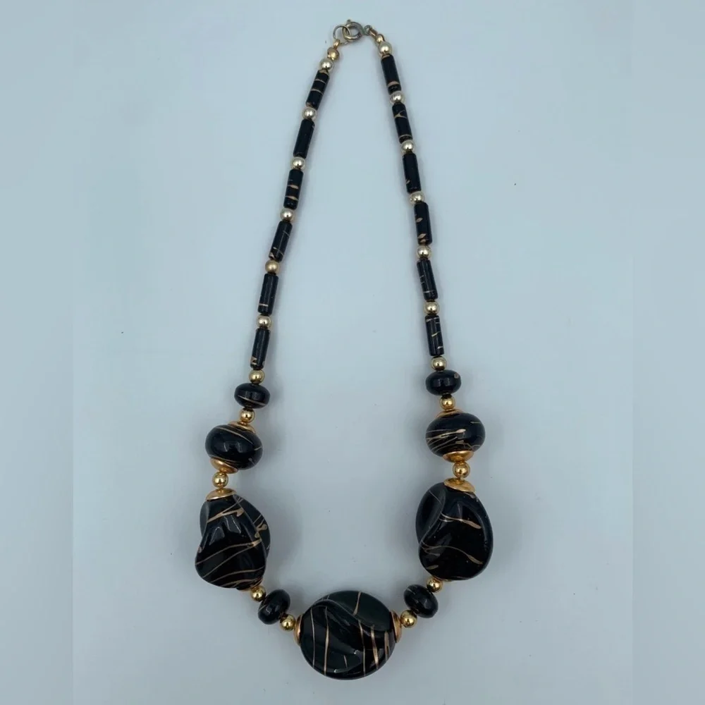 Vintage Jet Black Lucite Gold Color Drizzle Beaded Necklace Chunky Retro Jewelry